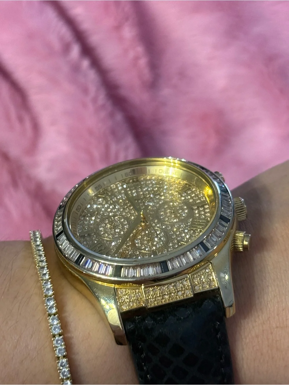 Michael Kors Gold Crystal Dial Unisex Watch with Black Leather Strap